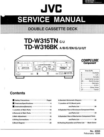 JVC TD-W315TN TD-W316BK DOUBLE CASSETTE DECK SERVICE MANUAL INC BLK DIAG PCBS SCHEM DIAGS AND PARTS LIST 50 PAGES ENG