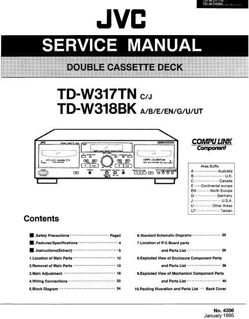 JVC TD-W317TN TD-W318BK DOUBLE CASSETTE DECK SERVICE MANUAL INC BLK DIAG PCBS SCHEM DIAGS AND PARTS LIST 54 PAGES ENG