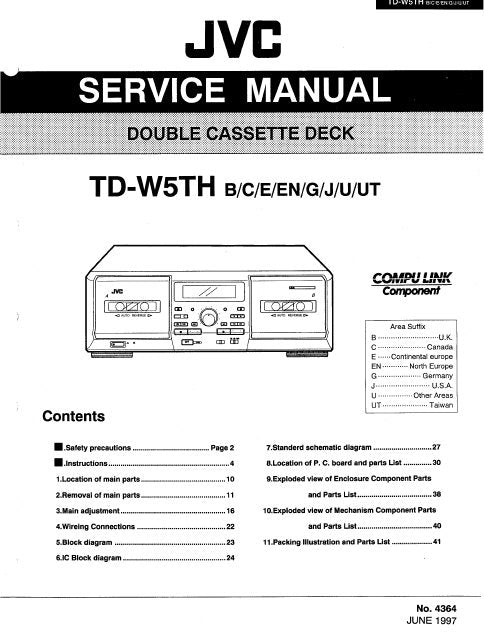 JVC TD-W5TH DOUBLE CASSETTE DECK SERVICE MANUAL INC BLK DIAG PCBS SCHEM DIAGS AND PARTS LIST 56 PAGES ENG
