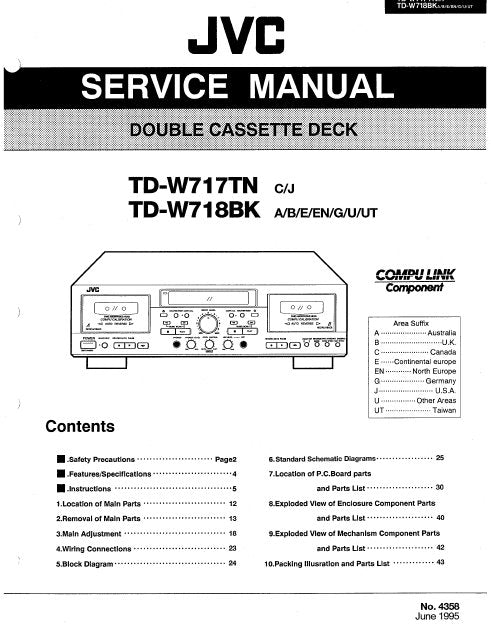 JVC TD-W717TN TD-W718BK DOUBLE CASSETTE DECK SERVICE MANUAL INC BLK DIAG PCBS SCHEM DIAGS AND PARTS LIST 62 PAGES ENG