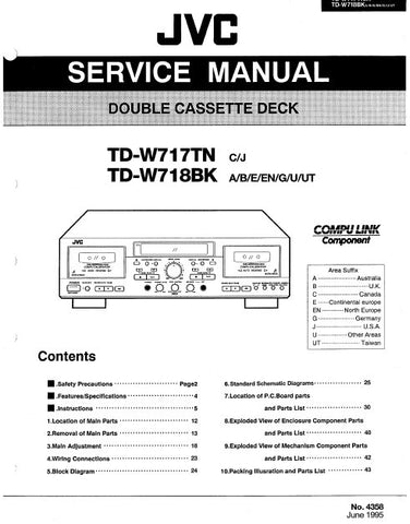 JVC TD-W717TN TD-W718BK DOUBLE CASSETTE DECK SERVICE MANUAL INC BLK DIAG PCBS SCHEM DIAGS AND PARTS LIST 62 PAGES ENG