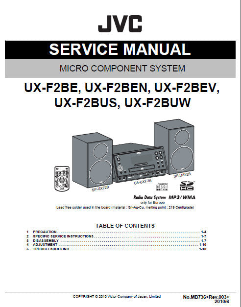 JVC UX-F2 SERIES MICRO COMPONENT SYSTEM SERVICE MANUAL INC BLK DIAG PCBS SCHEM DIAGS AND PARTS LIST 52 PAGES ENG