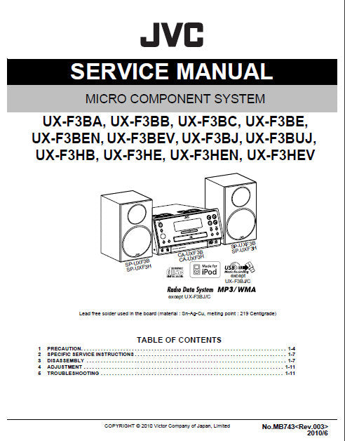 JVC UX-F3 SERIES MICRO COMPONENT SYSTEM SERVICE MANUAL INC BLK DIAG PCBS SCHEM DIAGS AND PARTS LIST 58 PAGES ENG