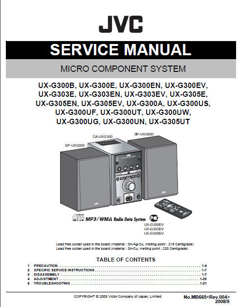 JVC UX-G300 SERIES UX-G303 SERIES UX-G305 SERIES MICRO COMPONENT SYSTEM SERVICE MANUAL INC BLK DIAG PCBS SCHEM DIAGS AND PARTS LIST 59 PAGES ENG