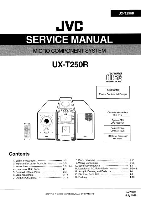 JVC UX-T250R MICRO COMPONENT SYSTEM SERVICE MANUAL INC BLK DIAG PCBS SCHEM DIAGS AND PARTS LIST 94 PAGES ENG