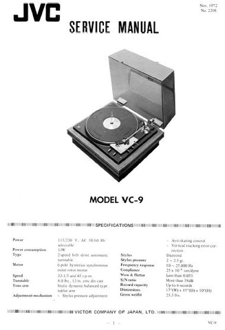 JVC VC-9 2 SPEED BELT DRIVE AUTOMATIC TURNTABLE SERVICE MANUAL INC SCHEM DIAG AND PARTS LIST 18 PAGES ENG