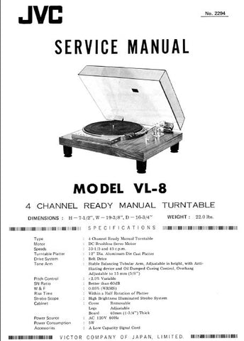 JVC VL-8 4 CHANNEL READY MANUAL TURNTABLE SERVICE MANUAL INC PCBS SCHEM DIAG AND PARTS LIST 18 PAGES ENG