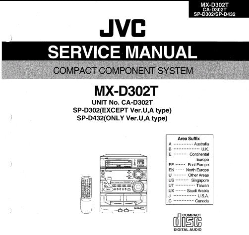 JVC CA-D302T MX-D302T SP-D302 SP-D432 COMPACT COMPONENT SYSTEM SERVICE MANUAL AND INSTRUCTION BOOK INC BLK DIAG SCHEM DIAGS PCB'S AND PARTS LIST 98 PAGES ENG