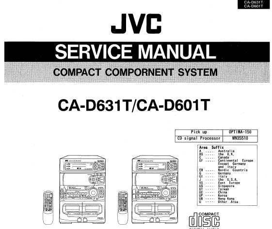 JVC CA-D601T CA-D631T COMPACT COMPONENT SYSTEM SERVICE MANUAL AND INSTRUCTION BOOK INC TRSHOOT GUIDE CONN DIAGS TRSHOOT GUIDE SCHEM DIAGS PCB'S AND PARTS LIST 166 PAGES ENG