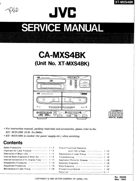 JVC CA-MXS4BK XT-MXS4BK COMPACT COMPONENT SYSTEM SERVICE MANUAL INC BLK DIAG PCBS SCHEM DIAGS AND PARTS LIST 50 PAGES ENG