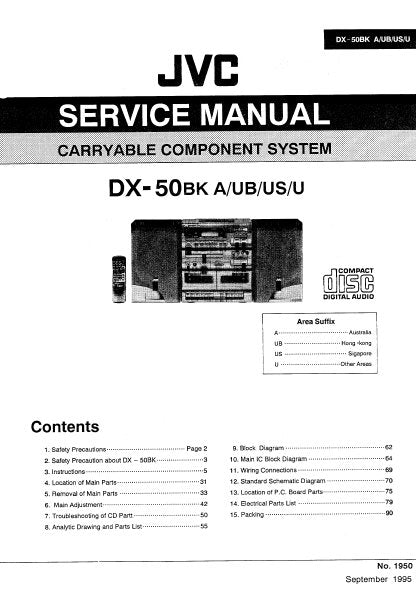 JVC DX-50BK CARRYABLE COMPONENT SYSTEM SERVICE MANUAL INC BLK DIAG PCBS SCHEM DIAGS AND PARTS LIST 108 PAGES ENG