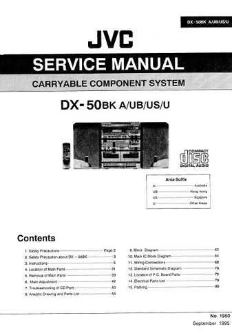 JVC DX-50BK CARRYABLE COMPONENT SYSTEM SERVICE MANUAL INC BLK DIAG PCBS SCHEM DIAGS AND PARTS LIST 108 PAGES ENG