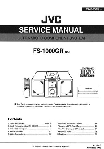 JVC FS-1000GR ULTRA MICRO COMPONENT SYSTEM SERVICE MANUAL INC PCBS SCHEM DIAGS AND PARTS LIST 50 PAGES ENG