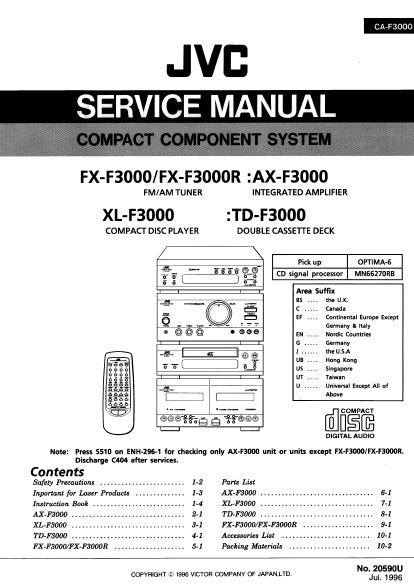 JVC FX-F3000 FX-F3000R FM AM TUNER AX-F3000 INTEGRATED AMPLIFIER TD-F3000 DOUBLE CASSETTE DECK XL-F3000 CD PLAYER COMPACT COMPONENT SYSTEM SERVICE MANUAL INC BLK DIAG PCBS SCHEM DIAGS AND PARTS LIST 198 PAGES ENG