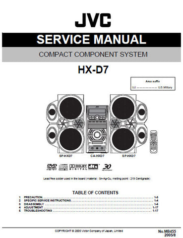 JVC HX-D7 COMPACT COMPONENT SYSTEM SERVICE MANUAL INC BLK DIAG PCBS SCHEM DIAGS AND PARTS LIST 45 PAGES ENG