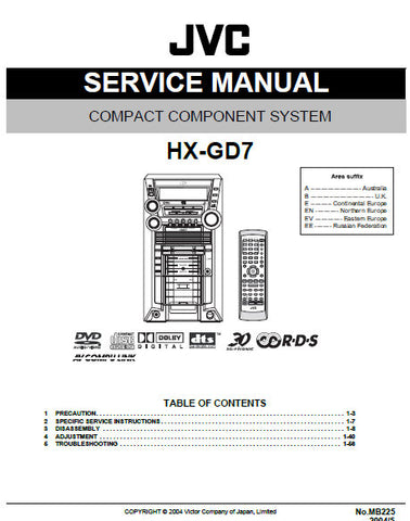 JVC HX-GD7 COMPACT COMPONENT SYSTEM SERVICE MANUAL INC BLK DIAG PCBS SCHEM DIAGS AND PARTS LIST 103 PAGES ENG