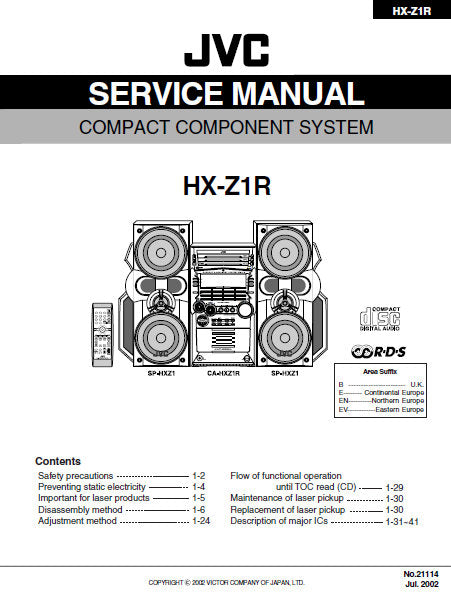 JVC HX-Z1R COMPACT COMPONENT SYSTEM SERVICE MANUAL INC BLK DIAG PCBS SCHEM DIAGS AND PARTS LIST 85 PAGES ENG