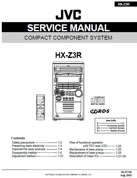 JVC HX-Z3R COMPACT COMPONENT SYSTEM SERVICE MANUAL INC BLK DIAG PCBS SCHEM DIAGS AND PARTS LIST 83 PAGES ENG