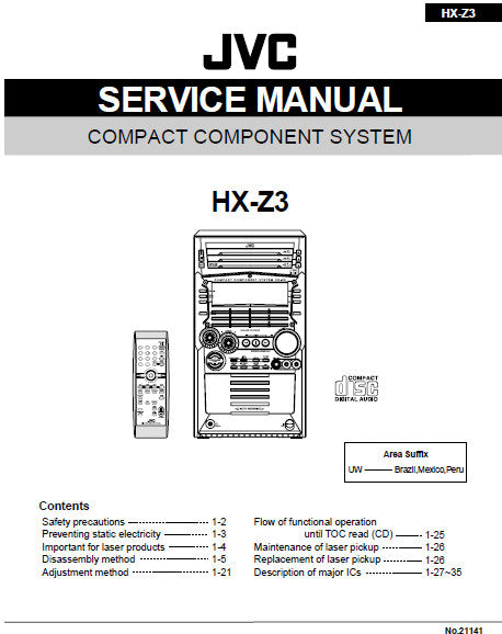 JVC HX-Z3 COMPACT COMPONENT SYSTEM SERVICE MANUAL INC BLK DIAG PCBS SCHEM DIAGS AND PARTS LIST 81 PAGES ENG