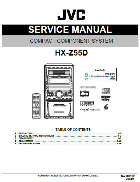 JVC HX-Z55D COMPACT COMPONENT SYSTEM SERVICE MANUAL INC BLK DIAG PCBS SCHEM DIAGS AND PARTS LIST 87 PAGES ENG