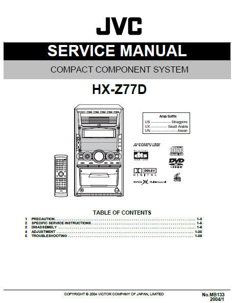 JVC HX-Z77D COMPACT COMPONENT SYSTEM SERVICE MANUAL INC BLK DIAG PCBS SCHEM DIAGS AND PARTS LIST 89 PAGES ENG