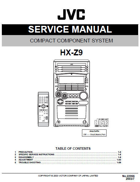 JVC HX-Z9 COMPACT COMPONENT SYSTEM SERVICE MANUAL INC BLK DIAG PCBS SCHEM DIAGS AND PARTS LIST 74 PAGES ENG