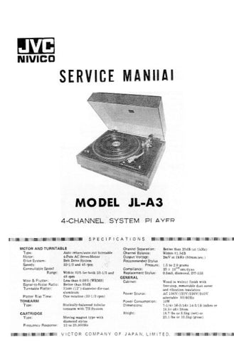 JVC JL-A3 4 CHANNEL SYSTEM PLAYER TURNTABLE SERVICE MANUAL INC PCBS SCHEM DIAG AND PARTS LIST 16 PAGES ENG