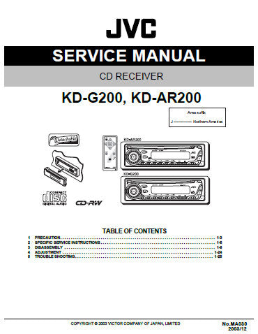 JVC KD-AR200 KD-G200 CD RECEIVER SERVICE MANUAL INC BLK DIAG PCBS SCHEM DIAGS AND PARTS LIST 50 PAGES ENG