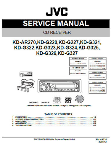 JVC KD-AR270 KD-G220 KD-G227 KD-G321 KD-G322 KD-G323 KD-G324 KD-G325 KD-G326 KD-G327 CD RECEIVER SERVICE MANUAL INC BLK DIAG PCBS SCHEM DIAGS AND PARTS LIST 97 PAGES ENG
