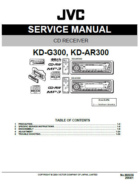 JVC KD-AR300 KD-G300 CD RECEIVER SERVICE MANUAL INC BLK DIAG PCBS SCHEM DIAGS AND PARTS LIST 56 PAGES ENG