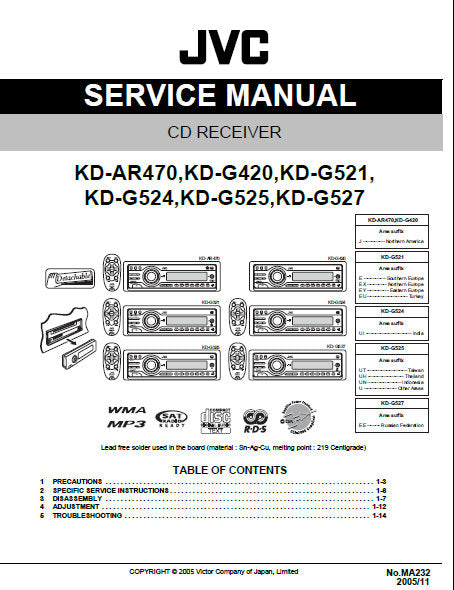 JVC KD-AR470 KD-G521 KD-G524 KD-G525 KD-G527 KD-G420 CD RECEIVER SERVICE MANUAL INC BLK DIAG PCBS SCHEM DIAGS AND PARTS LIST 85 PAGES ENG