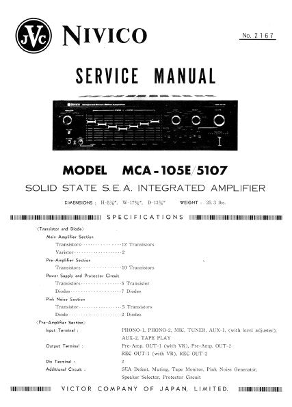 JVC MCA-105E MCA-5107 SOLID STATE SEA INTEGRATED AMPLIFIER SERVICE MANUAL INC PCBS SCHEM DIAG  AND PARTS LIST 29 PAGES ENG