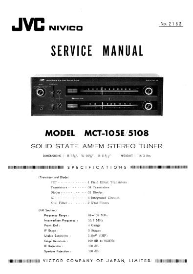 JVC MCT-105E 5108 SOLID STATE AM FM STEREO TUNER SERVICE MANUAL INC PCBS SCHEM DIAG AND PARTS LIST 28 PAGES ENG