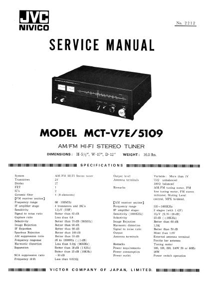 JVC MCT-V7E 5109 AM FM HIFI STEREO TUNER SERVICE MANUAL INC PCBS SCHEM DIAG AND PARTS LIST 27 PAGES ENG