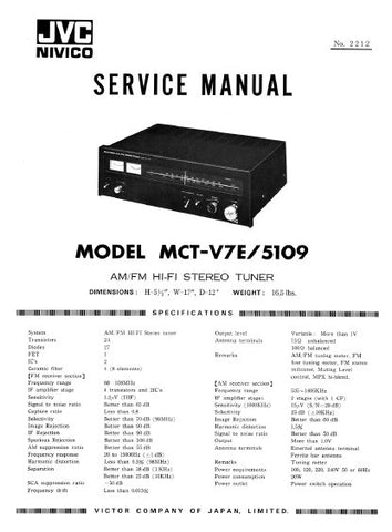 JVC MCT-V7E 5109 AM FM HIFI STEREO TUNER SERVICE MANUAL INC PCBS SCHEM DIAG AND PARTS LIST 27 PAGES ENG