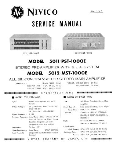 JVC MST-1000E MODEL 5012 ALL SILICON TRANSISTOR STEREO MAIN AMPLIFIER PST-1000E MODEL 5011 STEREO PREAMPLIFIER WITH SEA SYSTEM SERVICE MANUAL INC PARTS LIST 14 PAGES ENG