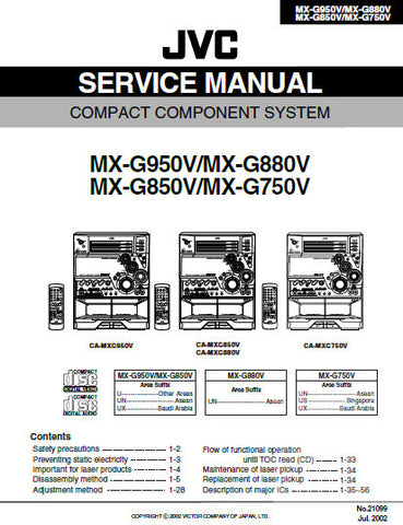 JVC MX-850V MX-G750V MX-G880V MX-950V COMPACT COMPONENT SYSTEM SERVICE MANUAL INC BLK DIAG PCBS SCHEM DIAGS AND PARTS LIST 177 PAGES ENG