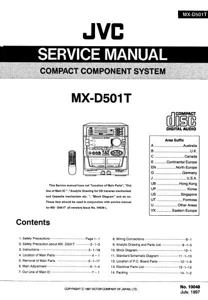 JVC MX-D501T COMPACT COMPONENT SYSTEM SERVICE MANUAL INC BLK DIAG PCBS SCHEM DIAGS AND PARTS LIST 110 PAGES ENG