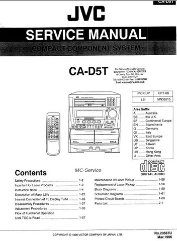 JVC MX-D5T CA-D5T COMPACT COMPONENT SYSTEM SERVICE MANUAL INC BLK DIAG PCBS SCHEM DIAGS AND PARTS LIST 135 PAGES ENG