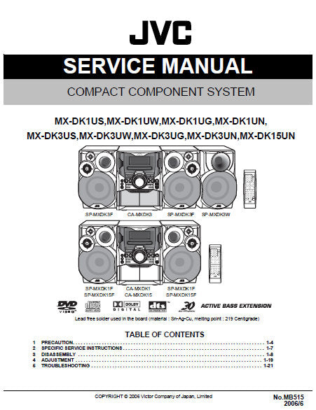 JVC MX-DK1 SERIES MX-DK3 SERIES MX-DK15UN COMPACT COMPONENT SYSTEM SERVICE MANUAL INC BLK DIAG PCBS SCHEM DIAGS AND PARTS LIST 67 PAGES ENG