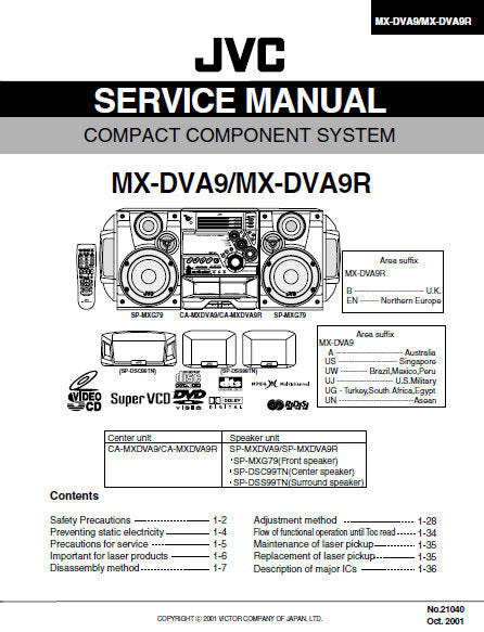 JVC MX-DVA9 MX-DVA9R COMPACT COMPONENT SYSTEM SERVICE MANUAL INC BLK DIAG PCBS SCHEM DIAGS AND PARTS LIST 168 PAGES ENG