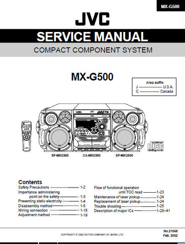 JVC MX-G500 COMPACT COMPONENT SYSTEM SERVICE MANUAL INC BLK DIAG PCBS SCHEM DIAGS AND PARTS LIST 103 PAGES ENG