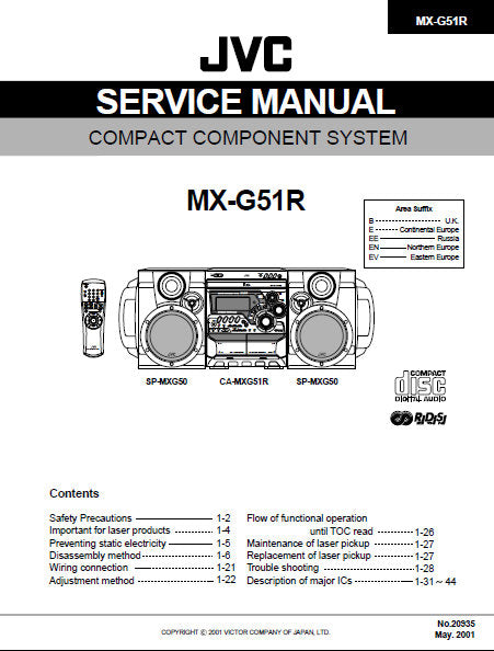 JVC MX-G51R COMPACT COMPONENT SYSTEM SERVICE MANUAL INC BLK DIAG PCBS SCHEM DIAGS AND PARTS LIST 80 PAGES ENG