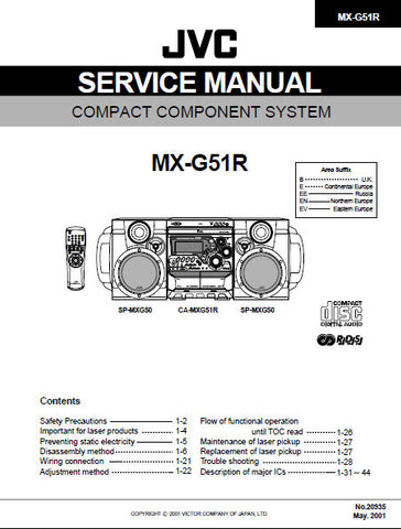 JVC MX-G51R COMPACT COMPONENT SYSTEM SERVICE MANUAL INC BLK DIAG PCBS SCHEM DIAGS AND PARTS LIST 80 PAGES ENG