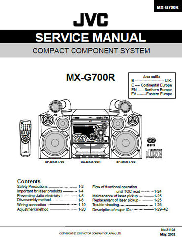 JVC MX-G700R COMPACT COMPONENT SYSTEM SERVICE MANUAL INC BLK DIAG PCBS SCHEM DIAGS AND PARTS LIST 79 PAGES ENG