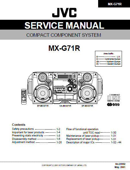 JVC MX-G71R COMPACT COMPONENT SYSTEM SERVICE MANUAL INC BLK DIAG PCBS SCHEM DIAGS AND PARTS LIST 86 PAGES ENG