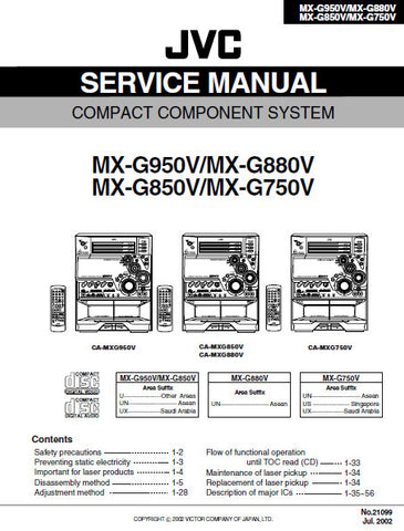 JVC MX-G750V MX-G850V MX-G880V MX-G950V COMPACT COMPONENT SYSTEM SERVICE MANUAL INC BLK DIAG PCBS SCHEM DIAGS AND PARTS LIST 171 PAGES ENG