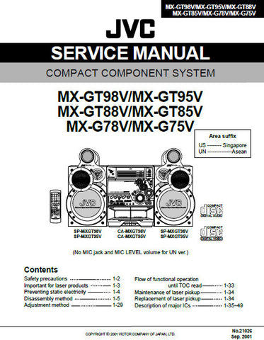 JVC MX-G75V MX-G78V MX-GT95V MX-GT98V MX-GT85V MX-GT88V COMPACT COMPONENT SYSTEM SERVICE MANUAL INC BLK DIAG PCBS SCHEM DIAGS AND PARTS LIST 154 PAGES ENG