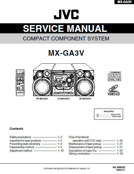 JVC MX-GA3V COMPACT COMPONENT SYSTEM SERVICE MANUAL INC BLK DIAG PCBS SCHEM DIAGS AND PARTS LIST 65 PAGES ENG