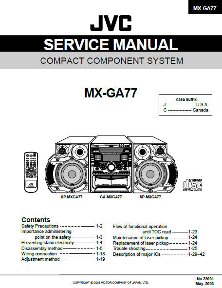 JVC MX-GA77 COMPACT COMPONENT SYSTEM SERVICE MANUAL INC BLK DIAG PCBS SCHEM DIAGS AND PARTS LIST 89 PAGES ENG